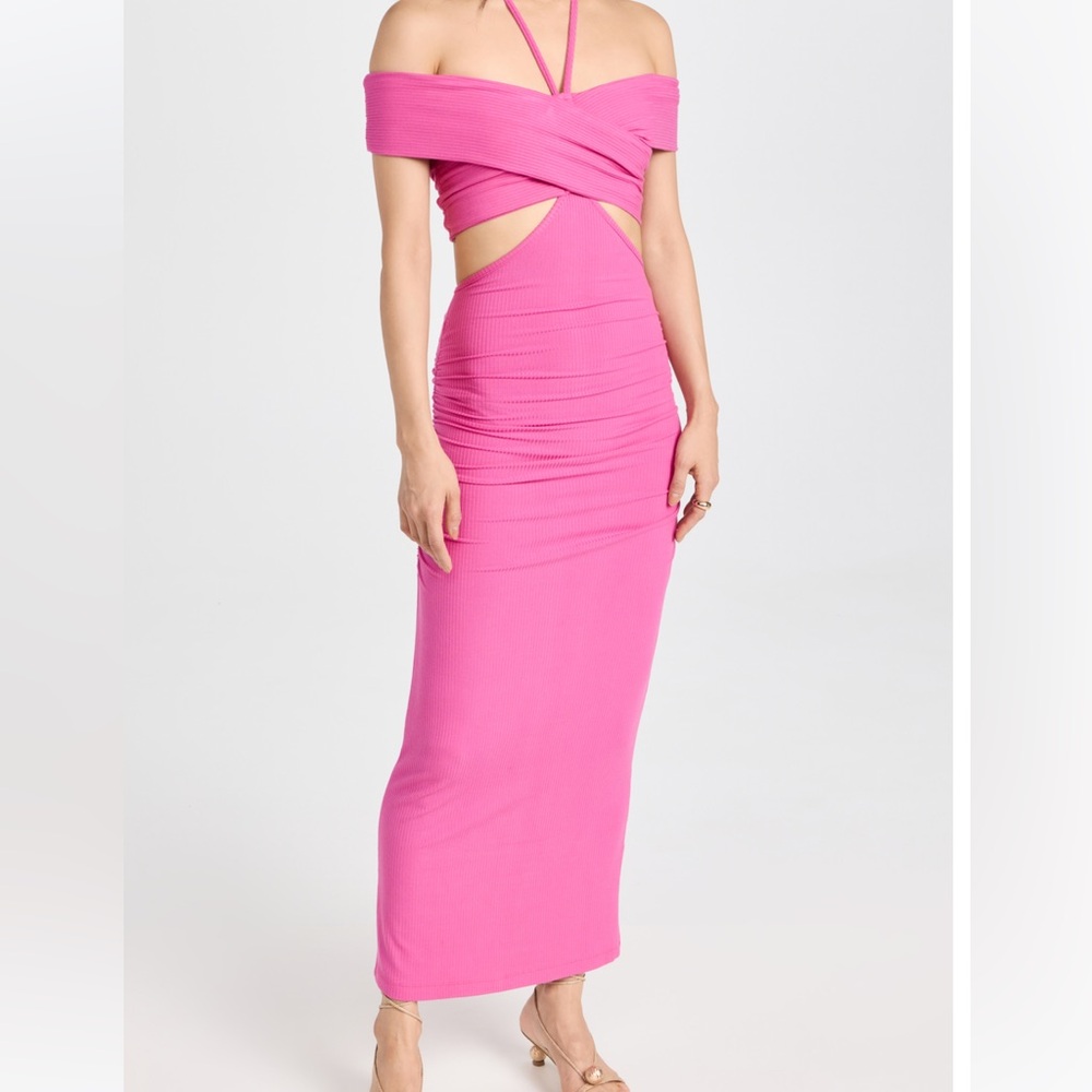 Jonathan Simkhai STANDARD Akane Shaping Rib Off Shoulder Cutout Halter Tie Dress